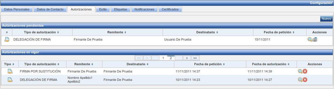 Pantalla de administración de autorizaciones. Pantalla de administración de autorizaciones.