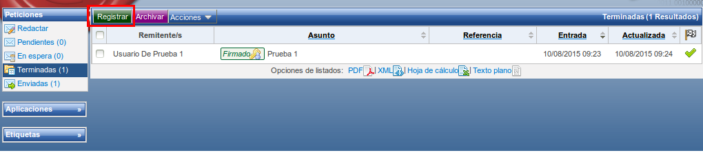Bandeja de terminadas con registro activo Bandeja de terminadas con registro activo