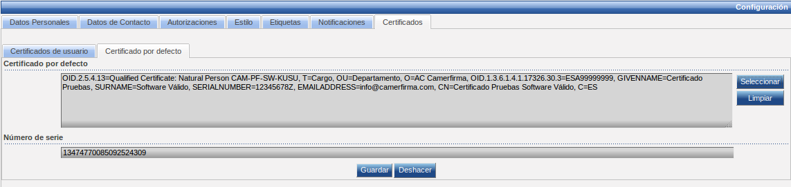 Pantalla de configuración de certificados por defecto. Pantalla de configuración de certificados por defecto.